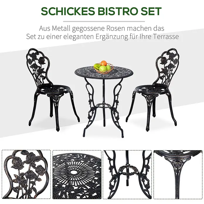 Outsunny Gartenstuhl-Set mit Tisch - 2 Stk., Aluminium, Metall, Bronze, B x T x H: 60 x 39 x 67 cm - Gusseisen-Bistro-Set mit Rosendekor, bestehend aus einem Tisch und zwei Stühlen für die Terrasse.