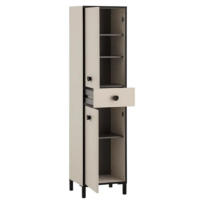 Schildmeyer Edda Hochschrank - B x T x H: 40 x 33 x 163 cm, Beige/Schwarz, Matt - Großer, hellbeiger Schrank mit schwarzem Rahmen, zwei Türen und einer geöffneten Schublade, der Innenregale zeigt.