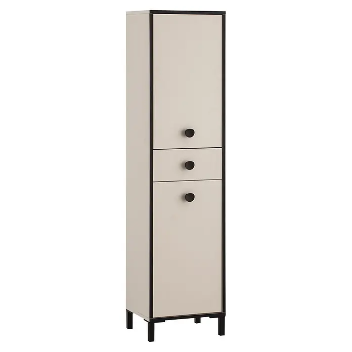 Schildmeyer Edda Hochschrank - B x T x H: 40 x 33 x 163 cm, Beige/Schwarz, Matt - Hoher, schmaler, beigefarbener Schrank mit schwarzem Rand, einer Tür, zwei Schubladen und dunklen Griffen.