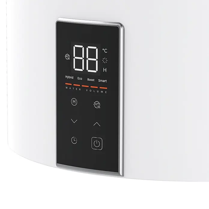 Admiral Aerotermo ADTHM - 100 l, 1.500 W, Montaje en la pared - Calentador de agua blanco con panel de control digital negro que muestra temperatura, modos y botones.
