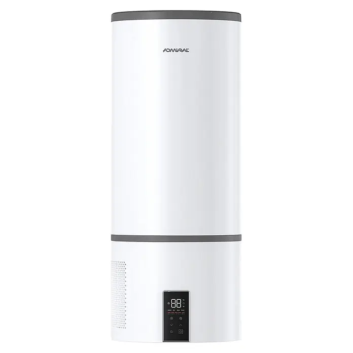 Admiral Aerotermo ADTHM - 100 l, 1.500 W, Montaje en la pared - Calentador de agua cilíndrico blanco con ribete gris y una pantalla digital negra que muestra temperatura y modos.