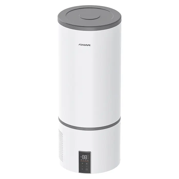 Admiral Aerotermo ADTHM - 100 l, 1.500 W, Montaje en la pared - Calentador de agua cilíndrico blanco Admiral con tapa gris y panel de pantalla digital.
