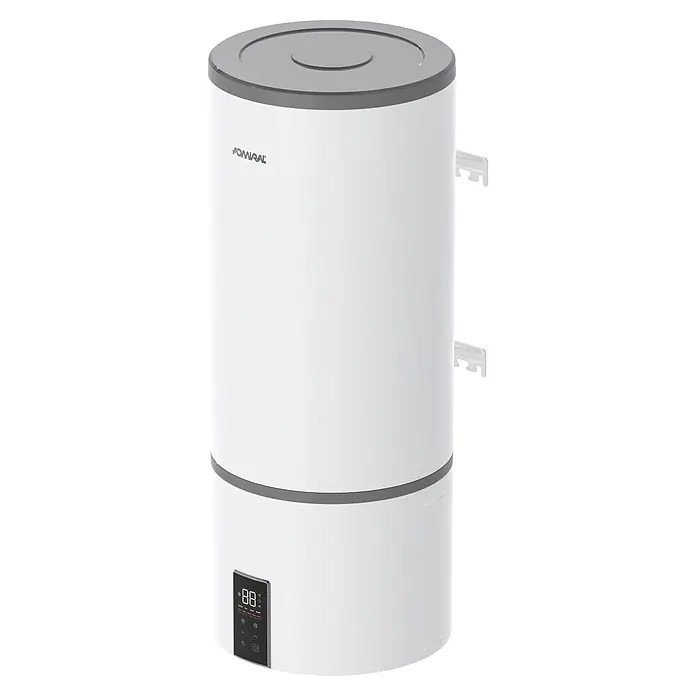 Admiral Aerotermo ADTHM - 100 l, 1.500 W, Montaje en la pared - Calentador de agua cilíndrico blanco con tapa y banda central grises, con pantalla digital y logo 'ADMIRAL'.