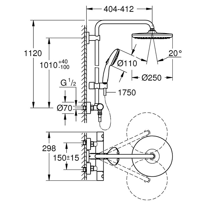 Grohe Vitalio Start Douchesysteem 250 (Hoogte: 115 cm, Aantal straalsoorten: 3 st., Chroom) | BAUHAUS