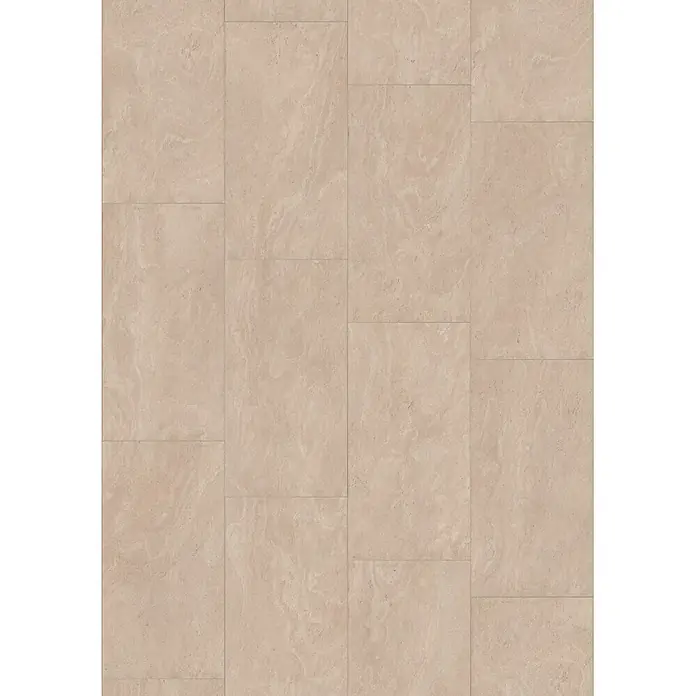 LOGOCLIC Laminat Orbit - Orbit, Fliese, 1.288 x 330 x 8 mm - Beige rechteckige Bodenfliesen in Natursteinoptik, im Versatzmuster verlegt.