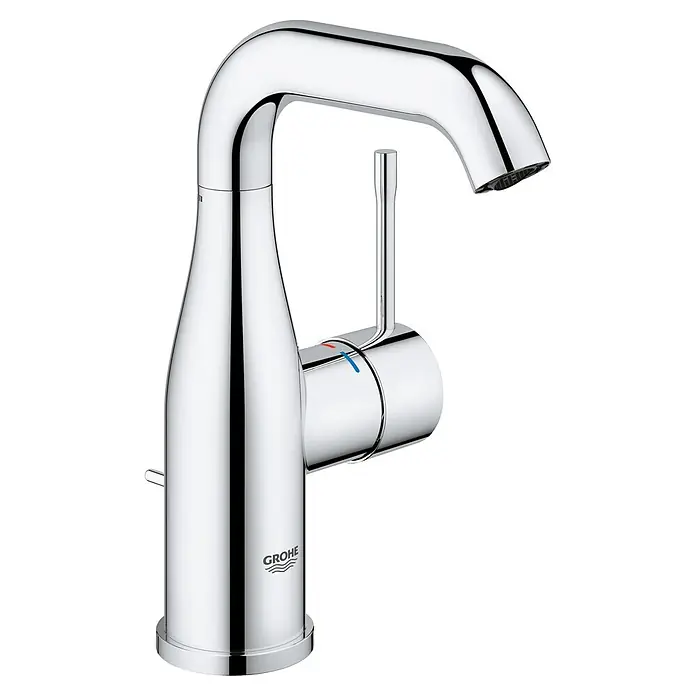 Grohe Essence New Grifo de lavabo - Con varilla de tracción, Cromo, Resplandeciente - Grifo monomando de lavabo cromado pulido con caño curvo y palanca con indicadores frío/caliente.