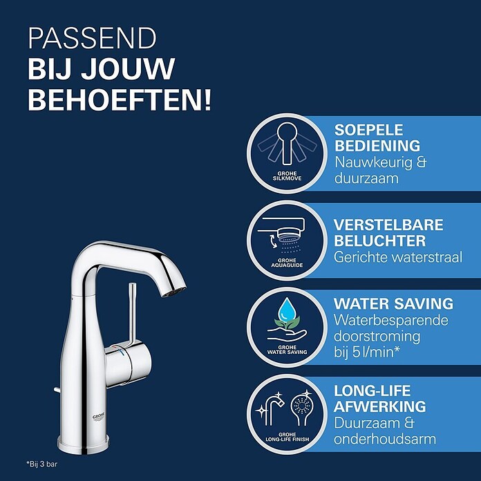 Grohe Essence New Wastafelkraan M-Size Chroom (Met trekstang, Chroom, Glanzend)