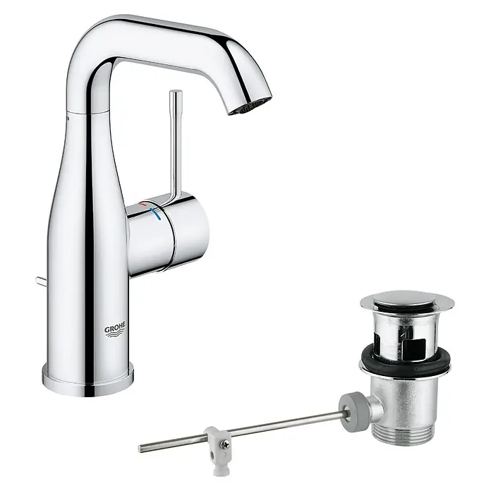 Grohe Essence New Grifo de lavabo - Con varilla de tracción, Cromo, Resplandeciente - Grifo monomando de lavabo cromado con desagüe de varilla a juego.