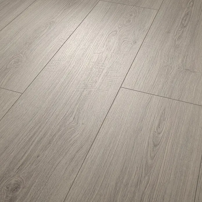 Egger Laminat NatureSense Aqua - Victoria Eiche hellgrau, Landhausdiele, 1.292 x 246 x 8 mm - Hellgraue Laminatdielen in Holzoptik mit sichtbarer Maserung.