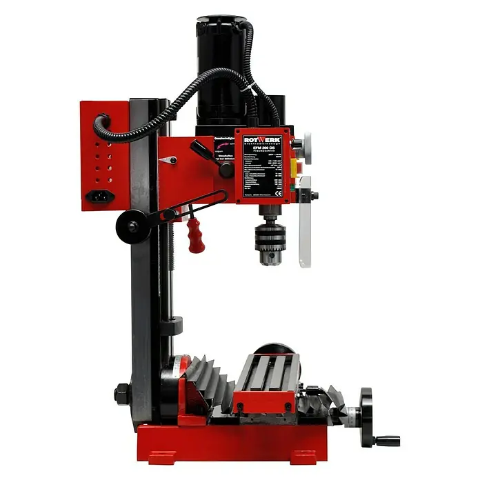 Rotwerk Bohr- & Fräsmaschine EFM 200DS - 350 W, 150 U/min - 2.500 U/min, Spannweite Bohrfutter: 1 mm - 13 mm, Größe Arbeitstisch: 390 x 95 mm - Die Rotwerk EFM 200 DS Fräsmaschine in Rot und Schwarz, eine kompakte Maschine für präzise Metallbearbeitung.