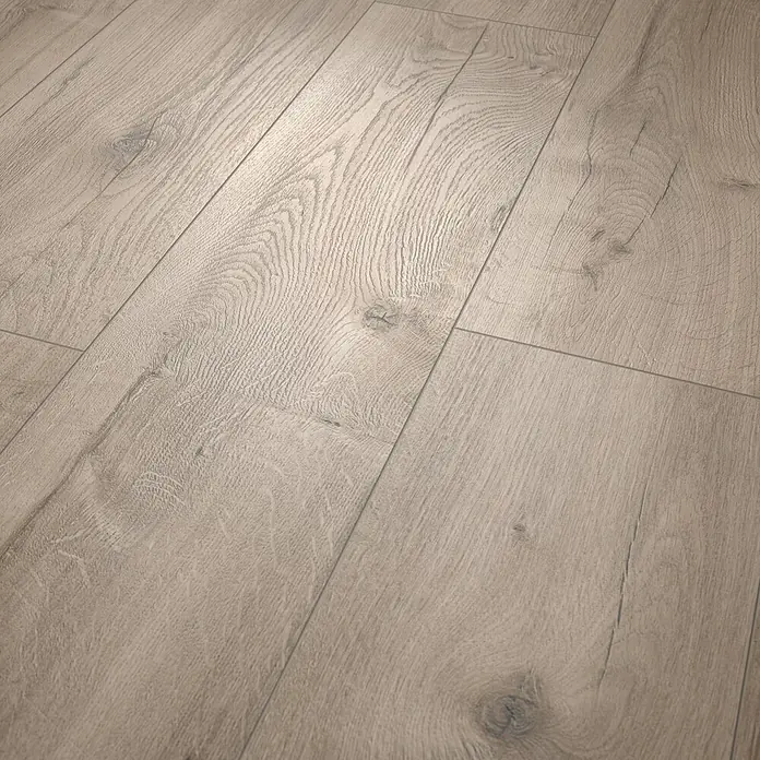 Egger Laminat NatureSense - Loja Eiche creme, Landhausdiele, 1.292 x 246 x 8 mm - Heller Dielenboden mit sichtbarer Holzmaserung und Ästen.