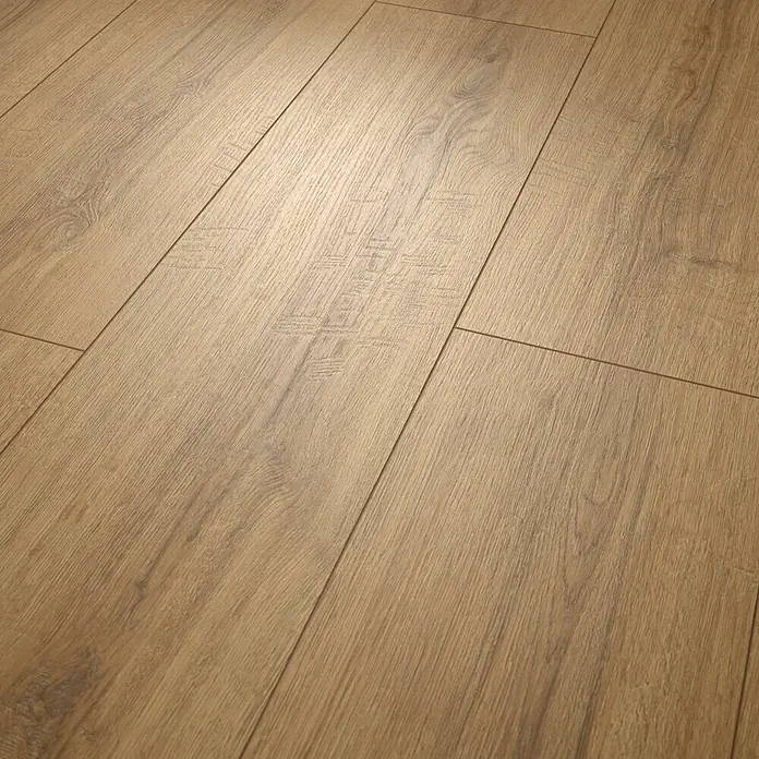 Egger Laminat NatureSense Aqua - Sherman Eiche honig, Landhausdiele, 1.292 x 246 x 8 mm - Hellbraune Laminatdielen mit Holzmaserung, diagonal verlegt.