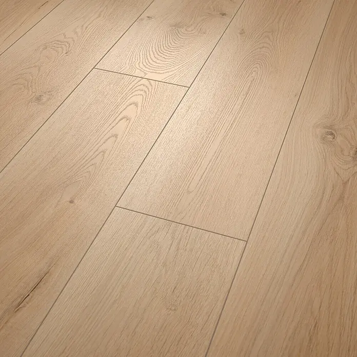 Egger Laminat NatureSense Aqua - Pinot Eiche sand, Landhausdiele, 1.292 x 193 x 10 mm - Helle Holz-Laminatdielen mit natürlicher Eichenmaserung, diagonal verlegt.