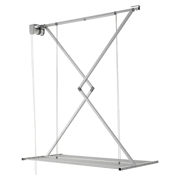 Foxydry Deckenwäschetrockner Mini 150 Grau - L x B: 54 x 152 cm, Stahlgrau - Deckenwäschetrockner aus silbernem Metall mit Scherenhubmechanismus und Seilzug zur Höhenverstellung.