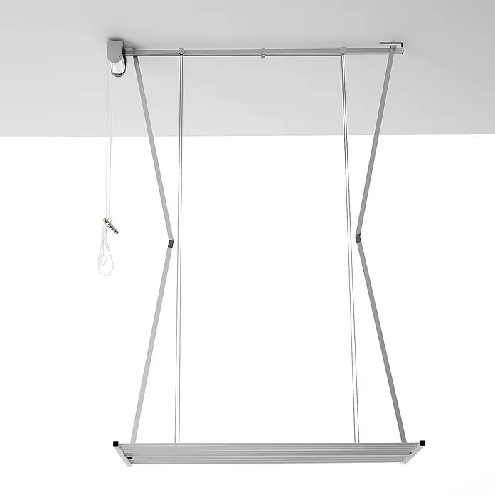Foxydry Deckenwäschetrockner Mini 120 Grau - L x B: 54 x 128 cm, Stahlgrau - Silberner, höhenverstellbarer Deckenwäscheständer mit mehreren Trockenstangen und einem Seilzugsystem.