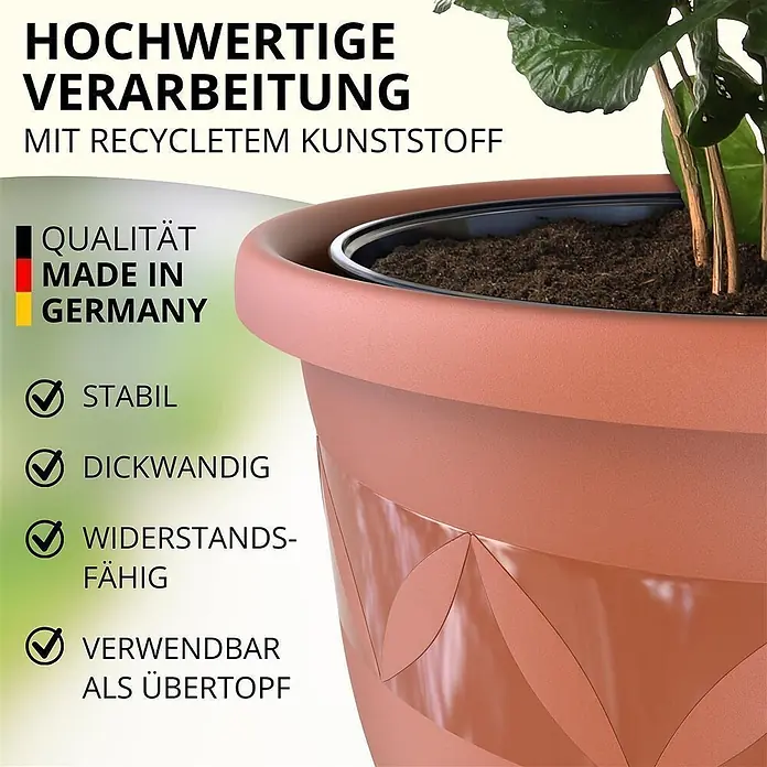 Plastard Pflanztopf Capri 5er Set - Außenmaß (Ø x H): 27 x 22 cm, Kunststoff, Terrakotta - Ein stabiler, dickwandiger Übertopf aus recyceltem, terracottafarbenem Kunststoff.