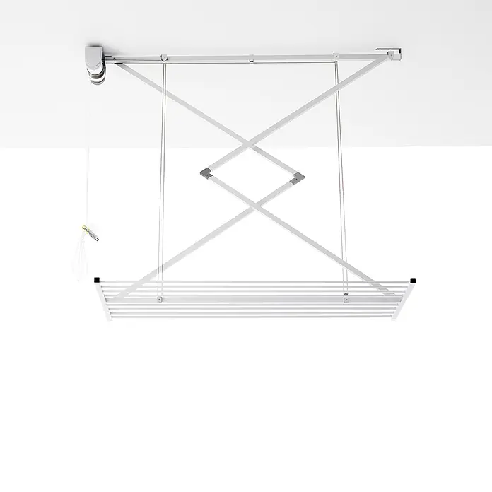 Foxydry Deckenwäschetrockner Mini 120 Weiß - L x B: 54 x 128 cm, Weiß - Weißer, deckenmontierter Wäschetrockner aus Metall mit höhenverstellbarer Seilzugmechanik und parallelen Trockenstangen.