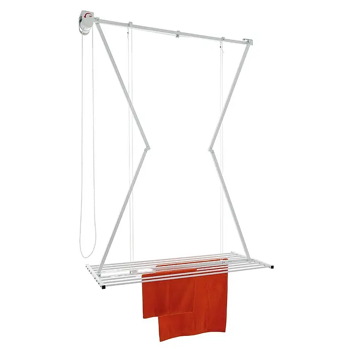 Foxydry Deckenwäschetrockner Mini 120 Weiß - L x B: 54 x 128 cm, Weiß - Weißer Deckenwäschetrockner mit Seilzugsystem, an dem orangefarbene Handtücher hängen.