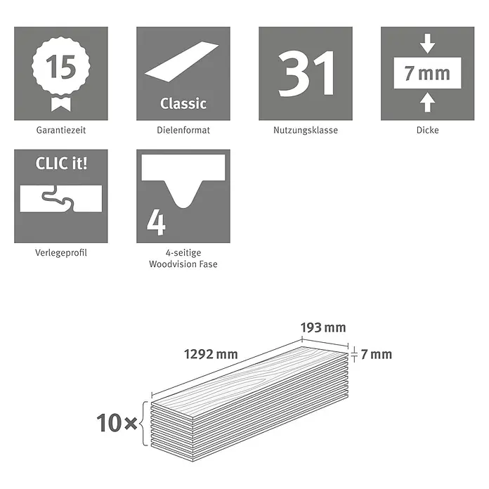Egger Laminat NatureSense - Newport Eiche hellbraun, Landhausdiele, 1.292 x 193 x 7 mm - Laminatboden, 1292x193x7mm, Nutzungsklasse 31, 15 Jahre Garantie, CLIC it! Klicksystem, 4-seitige Fase, 10 Dielen/Paket.