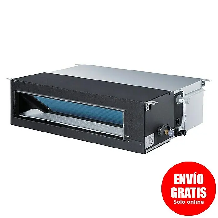 Haier Aire acondicionado por conductos AD71S2SM-H - 7.100 W, 5.500 W, 50 m² - 60 m², Gris - Unidad interior de aire acondicionado por conductos negra y plateada con serpentín de refrigeración azul. Para instalación oculta en techos.