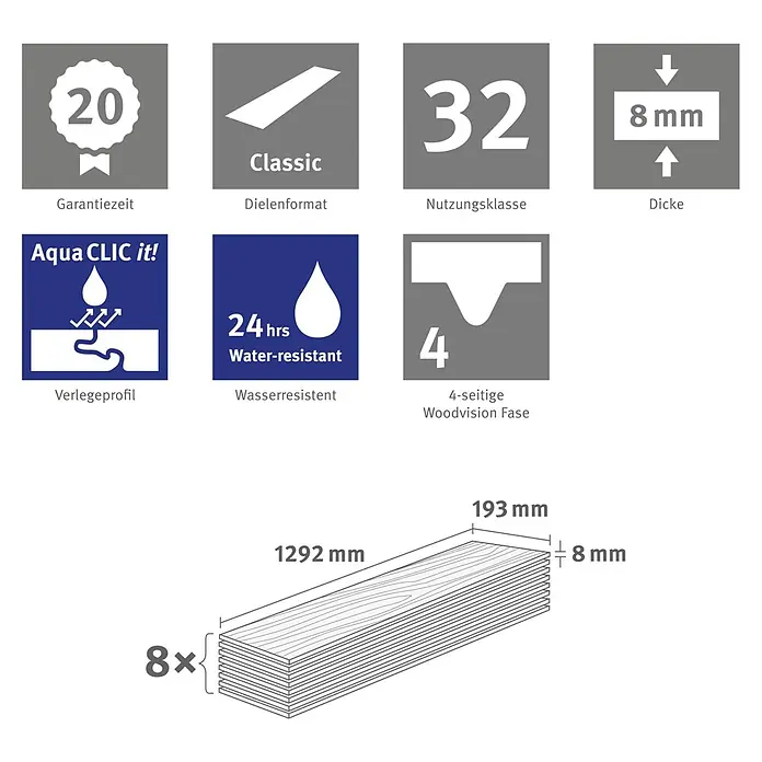 Egger Laminat NatureSense Aqua - Perganti Nussbaum braun, Landhausdiele, 1.292 x 193 x 8 mm - Laminatboden Specs: 20 J. Garantie, Kl. 32, 8mm, 24h wasserresistent, Aqua CLIC it! Profil, 4-seitige Fase. Planke: 1292x193mm, 8 Stk.