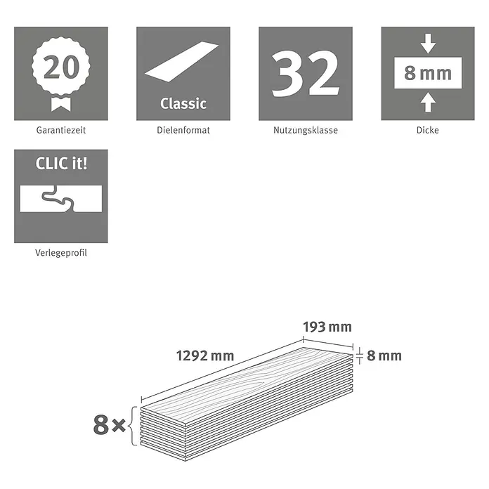 Egger Laminat NatureSense - Matera Eiche hell, Landhausdiele, 1.292 x 193 x 8 mm - Laminatboden-Spezifikationen: 20 Jahre Garantie, Nutzungsklasse 32, 8mm Dicke, Klickprofil. Plankengröße: 1292x193x8mm, 8 Stück pro Packung.