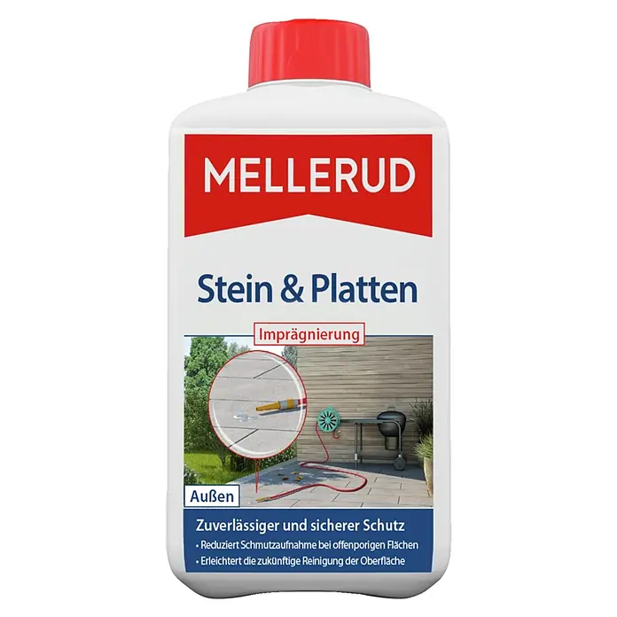 Mellerud Imprägnierung Stein & Platten Imprägnierung - Beton, Pflaster und Platten, 1 l - Mellerud Stein & Platten Imprägnierung, weiße Flasche mit rotem Deckel, Etikett zeigt Wasserperlen auf einer Terrassenoberfläche.