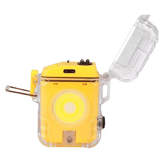 Linterna táctica con mechero - 5,9 x 3 x 7,3 cm, 100 lm - 500 lm, IP44 - Luz impermeable de plástico amarillo y transparente con la tapa abierta.
