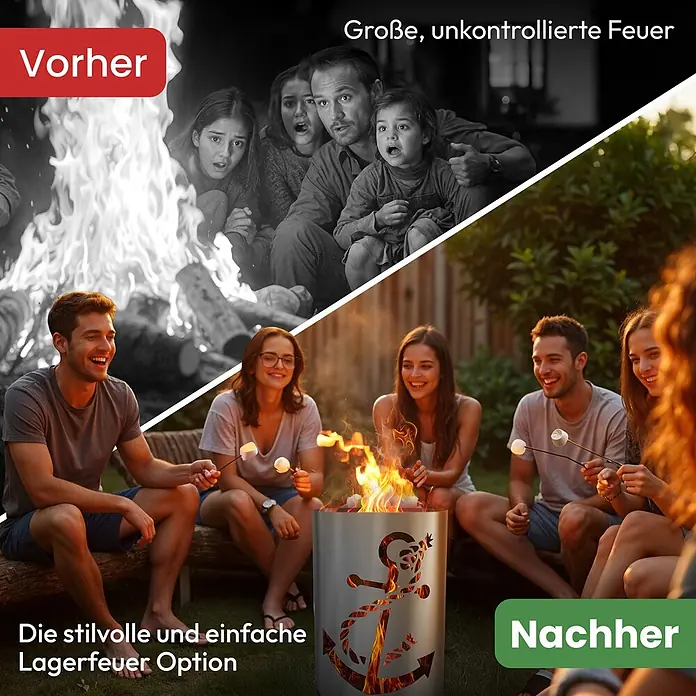 TiKo-Design Holzkohlegrill Feuertonne-Anker - Grau - Eine Metall-Feuerstelle mit Ankerdesign, umgeben von glücklichen Freunden, die Marshmallows rösten, zeigt eine stilvolle und sichere Lagerfeueroption.
