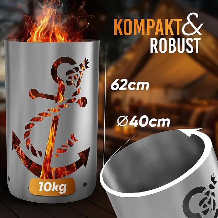 TiKo-Design Holzkohlegrill Feuertonne-Anker - Grau - Zylindrische Feuerstelle aus gebürstetem Metall mit Anker-Ausschnitt, die helle Flammen in einem stimmungsvollen Ambiente zeigt.