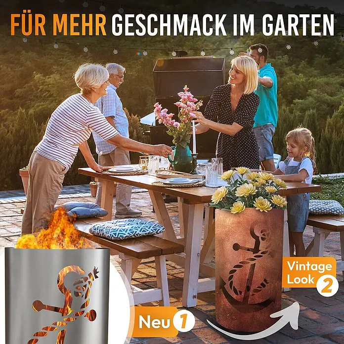 TiKo-Design Holzkohlegrill Feuertonne-Anker - Grau - Zwei metallene Garten-Feuerschalen/Pflanzgefäße mit Anker-Ausschnitten: eine neue silberne Version mit Flammen und eine rostbraune im Vintage-Look mit Blumen.