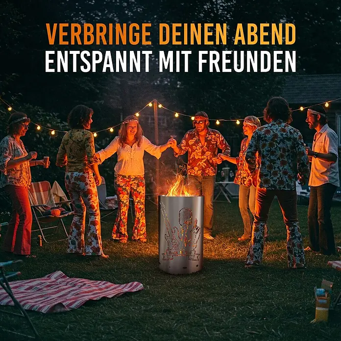TiKo-Design Holzkohlegrill Feuertonne-Rock n Roll -  - Edle Edelstahl-Feuerschale mit "Rock N Roll" Design, um die sich Freunde an einem entspannten Abend im Garten versammeln.