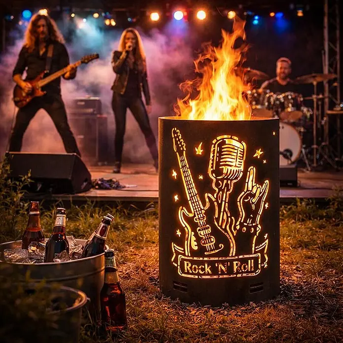 TiKo-Design Holzkohlegrill Feuertonne-Rock n Roll -  - Dunkle Metall-Feuerschale im Rock 'n' Roll-Design mit Flammen, draußen bei Bandauftritt verwendet.