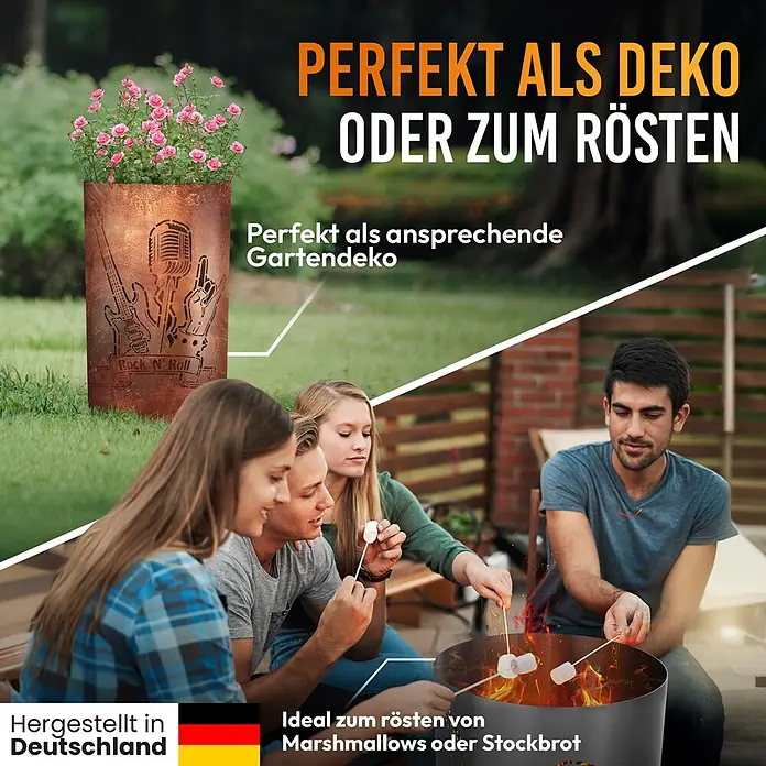 TiKo-Design Holzkohlegrill Feuertonne-Rock n Roll -  - Rustikale Metall-Feuerschale/Pflanzgefäß mit „Rock 'N' Roll“-Design, als Gartendeko mit Blumen und zum Rösten von Marshmallows genutzt.