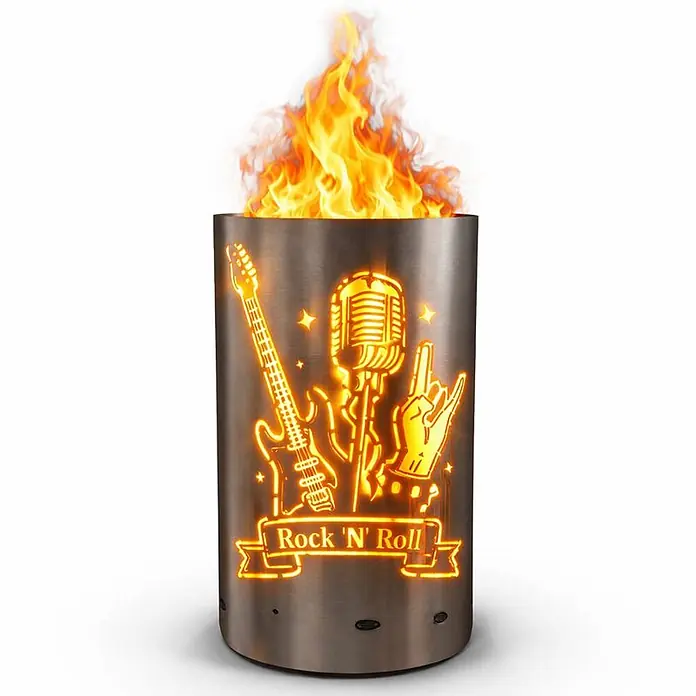 TiKo-Design Holzkohlegrill Feuertonne-Rock n Roll -  - Dunkelmetallische zylindrische Feuerschale mit Flammen und leuchtenden 'Rock N' Roll'-Ausschnitten (Gitarre, Mikrofon, Rock-Handzeichen).