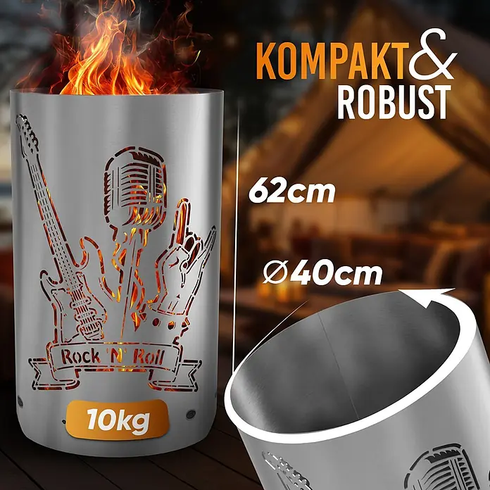 TiKo-Design Holzkohlegrill Feuertonne-Rock n Roll -  - Zylindrische silbergraue Feuersäule mit Rock 'n' Roll-Ausschnitten (Gitarre, Mikrofon) und Feuer. 62 cm hoch, 40 cm Durchmesser, 10 kg schwer.