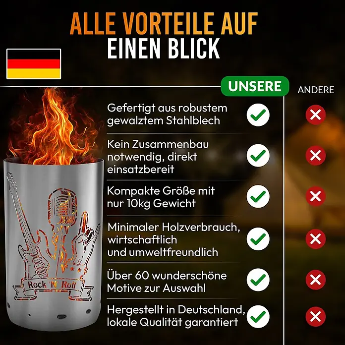 TiKo-Design Holzkohlegrill Feuertonne-Rock n Roll -  - Feuerschale aus Edelstahl mit lasergeschnittenem Rock-'n'-Roll-Motiv, das mit Feuer leuchtet.