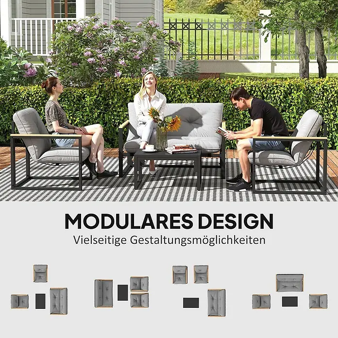 Outsunny Loungemöbel-Set - 4 -tlg., Stahl, Polyester, Schaumstoff, Sitzkissen, Hellgrau - Modulares Outdoor-Sofa-Set mit grauen Kissen, schwarzen Gestellen und Holzarmlehnen auf einer Terrasse. Personen entspannen auf den vielseitigen Möbeln.