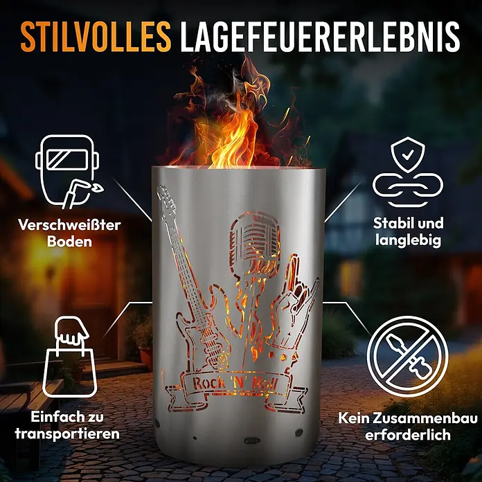 TiKo-Design Holzkohlegrill Feuertonne-Rock n Roll -  - Edelstahl-Feuerstelle mit Rock'n'Roll-Ausschnitten und loderndem Feuer. Sie ist stabil, langlebig, leicht zu transportieren und erfordert keinen Zusammenbau.
