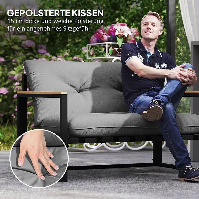 Outsunny Loungemöbel-Set - 4 -tlg., Stahl, Polyester, Schaumstoff, Sitzkissen, Hellgrau - Gartensofa mit dicken grauen Polsterkissen und schwarzem Rahmen mit Holzarmlehnen, ideal für bequemes Entspannen im Freien.