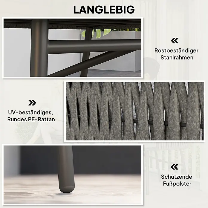 Outsunny Loungemöbel-Set mit Tisch - 3 -tlg., Stahl, Polyester, PE-Rattan, Schaumstoff, Grau - Details langlebiger Outdoor-Möbel: rostbeständiger Stahlrahmen, UV-beständiges PE-Rattan und schützende Fußpolster.