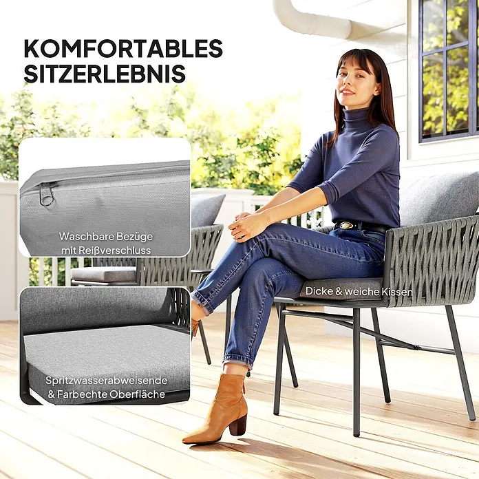 Outsunny Loungemöbel-Set mit Tisch - 3 -tlg., Stahl, Polyester, PE-Rattan, Schaumstoff, Grau - Komfortabler grauer geflochtener Outdoor-Stuhl mit dicken, weichen, spritzwasserabweisenden Kissen. Eine Frau sitzt darauf im Freien.