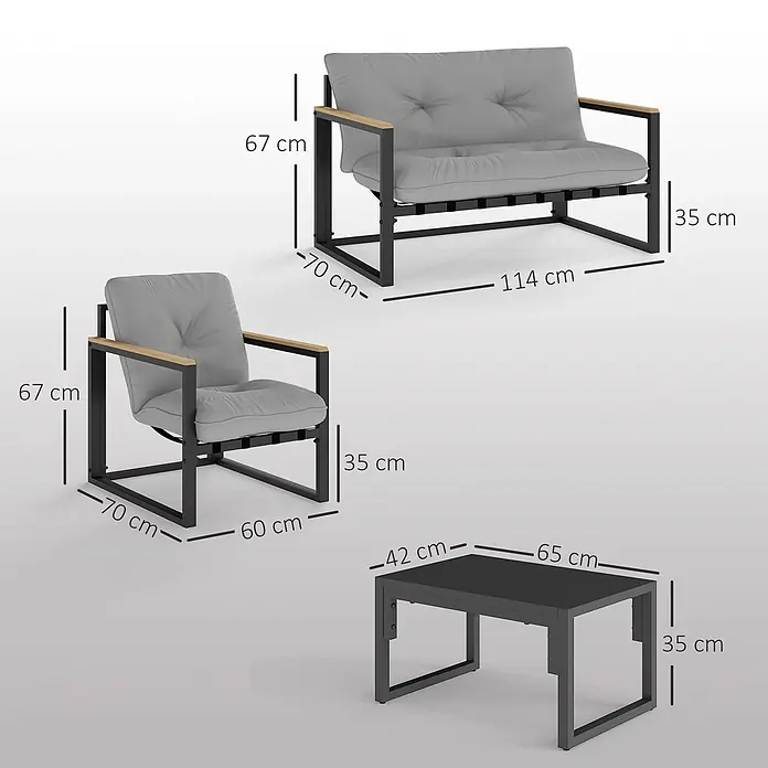 Outsunny Loungemöbel-Set - 4 -tlg., Stahl, Polyester, Schaumstoff, Sitzkissen, Hellgrau - Gartensitzgruppe mit Zweisitzer-Sofa, Sessel und Couchtisch, alle mit dunklen Metallrahmen, hellgrauen Kissen und Holzapplikationen, mit Maßen.