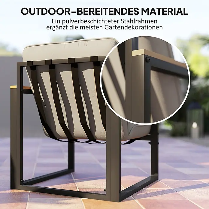Outsunny Loungemöbel-Set - 4 -tlg., Stahl, Polyester, Schaumstoff, Sitzkissen, Hellgrau - Outdoor-Sessel mit pulverbeschichtetem Stahlrahmen und hellen Kissen auf einer Terrasse.