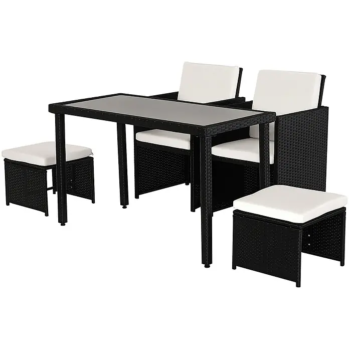 Outsunny Loungemöbel-Set - 5 -tlg., PE Polyrattan, Metall, Hartglas, Polyester, Schwarz, Beige - Schwarzes Rattan-Gartenset mit Glastisch, zwei Stühlen und zwei Hockern mit weißen Kissen.