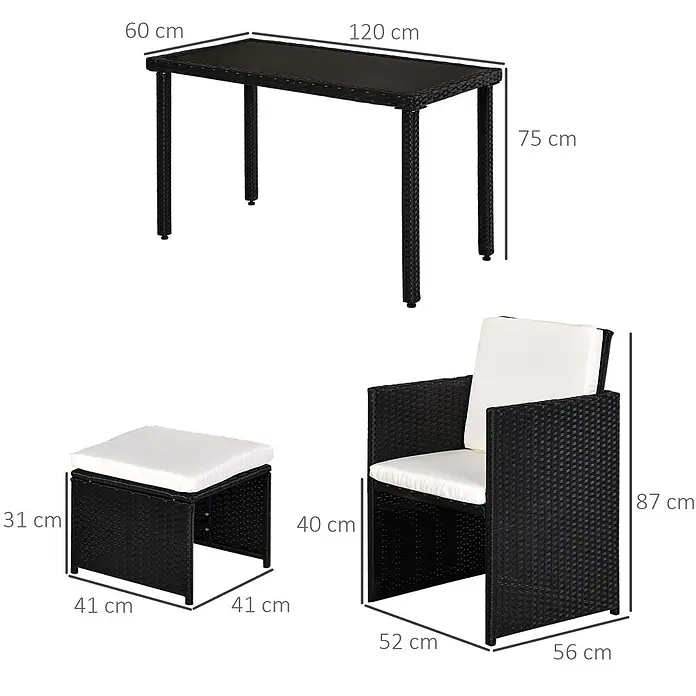 Outsunny Loungemöbel-Set - 5 -tlg., PE Polyrattan, Metall, Hartglas, Polyester, Schwarz, Beige - Schwarzes Rattan-Gartenmöbel-Set mit weißen Kissen, bestehend aus einem Tisch, Sessel und Hocker mit Maßen.