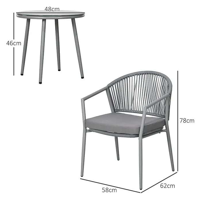 Outsunny Loungemöbel-Set mit Tisch - 3 -tlg., Stahl, PE-Rattan, 100% Polyester, Hartglas, Hellgrau - Grauer Metall-Gartentisch mit Glasplatte und Stuhl mit Seilrückenlehne und Kissen.