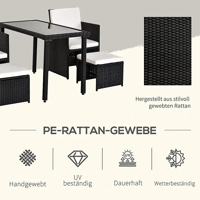 Outsunny Loungemöbel-Set - 5 -tlg., PE Polyrattan, Metall, Hartglas, Polyester, Schwarz, Beige - Schwarzes PE-Rattan-Gartenmöbel-Set mit weißen Kissen, handgewebt, UV-beständig, robust und wetterfest.