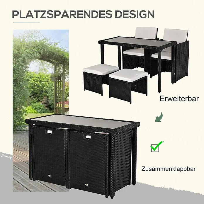 Outsunny Loungemöbel-Set - 5 -tlg., PE Polyrattan, Metall, Hartglas, Polyester, Schwarz, Beige - Schwarze Polyrattan-Essgruppe mit weißen Kissen, platzsparend zusammenklappbar und erweiterbar.