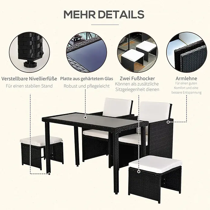 Outsunny Loungemöbel-Set - 5 -tlg., PE Polyrattan, Metall, Hartglas, Polyester, Schwarz, Beige - Schwarzes Polyrattan Essgruppe mit Glastischplatte und weißen Kissen, inklusive zwei Hockern, verstellbaren Füßen und Armlehnen.